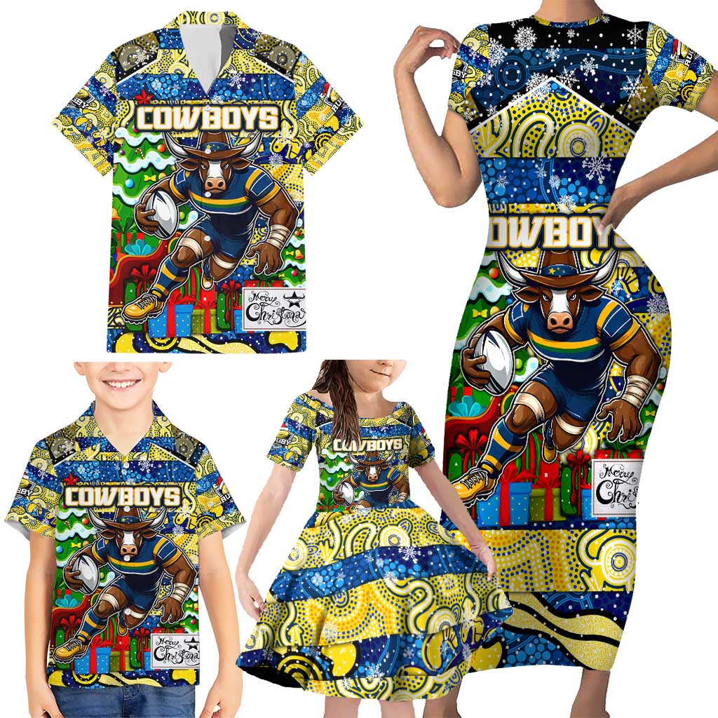 Custom Cowboys Rugby Merry Christmas Family Matching Short Sleeve Bodycon Dress and Hawaiian Shirt Indigenous Australian Art