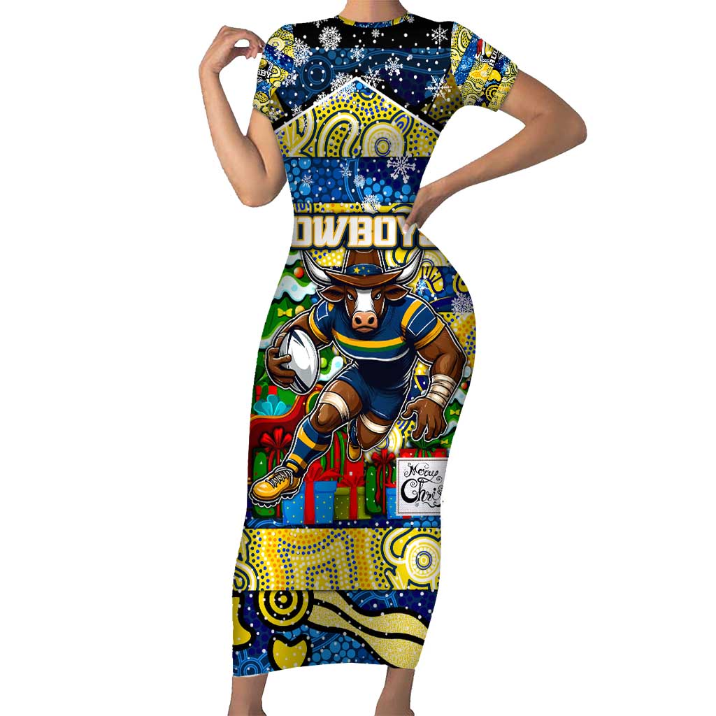 Custom Cowboys Rugby Merry Christmas Family Matching Short Sleeve Bodycon Dress and Hawaiian Shirt Indigenous Australian Art