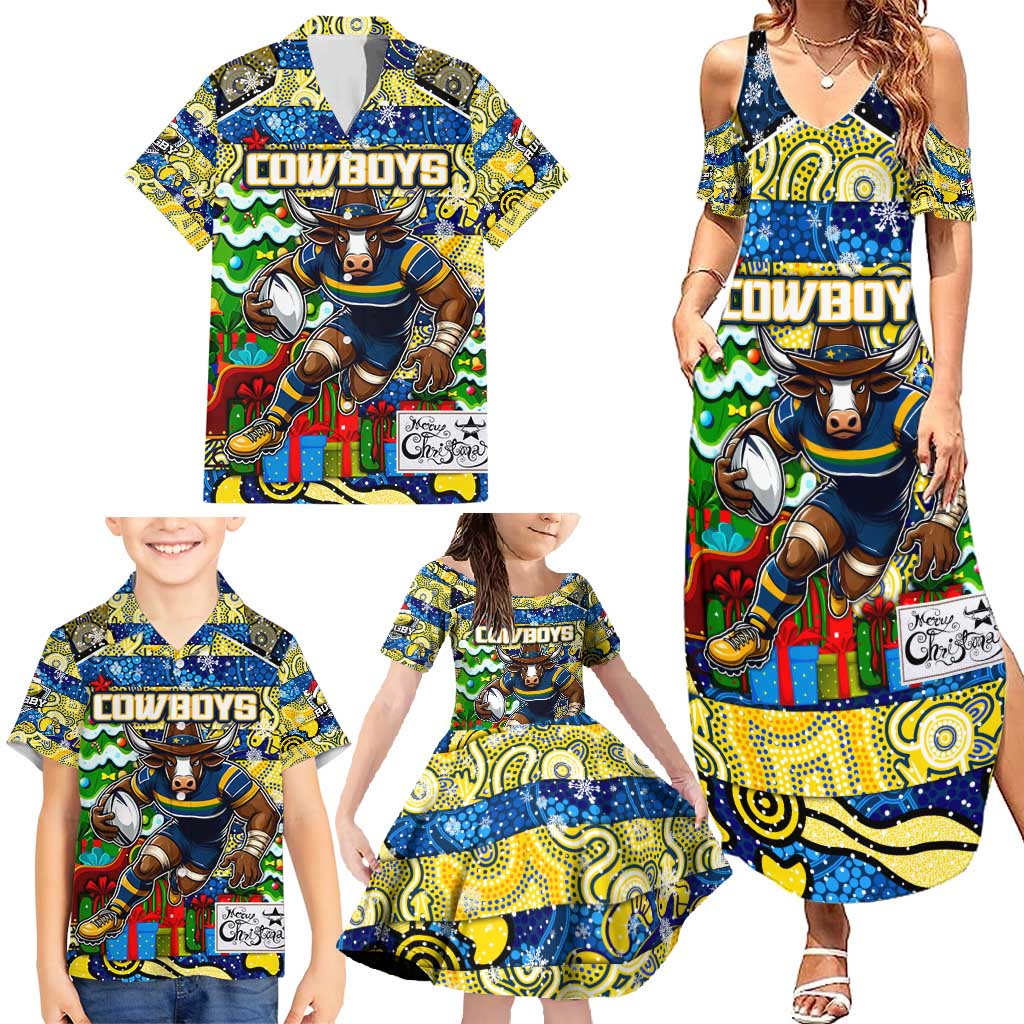 Custom Cowboys Rugby Merry Christmas Family Matching Summer Maxi Dress and Hawaiian Shirt Indigenous Australian Art