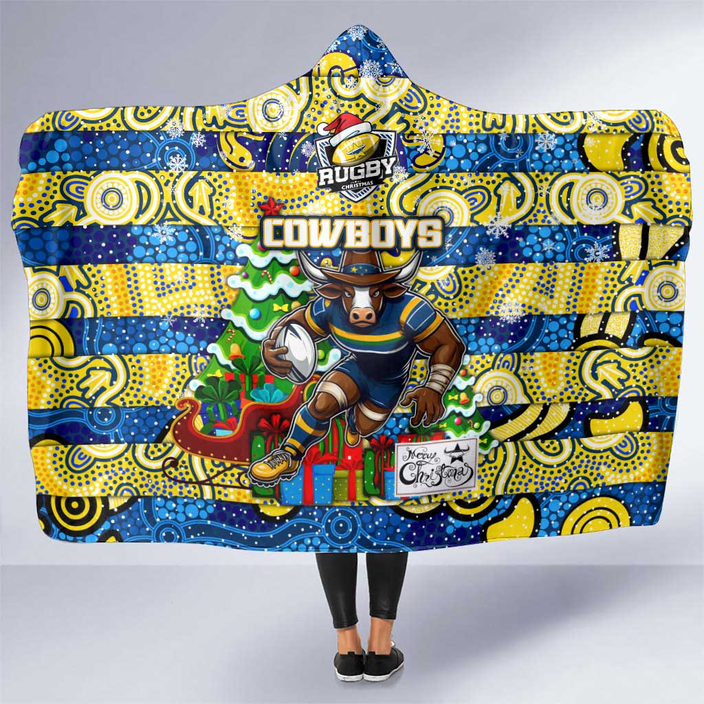 Cowboys Rugby Merry Christmas Hooded Blanket Indigenous Australian Art