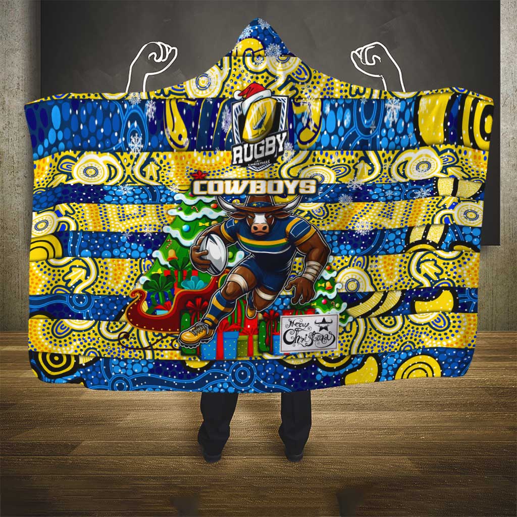 Cowboys Rugby Merry Christmas Hooded Blanket Indigenous Australian Art
