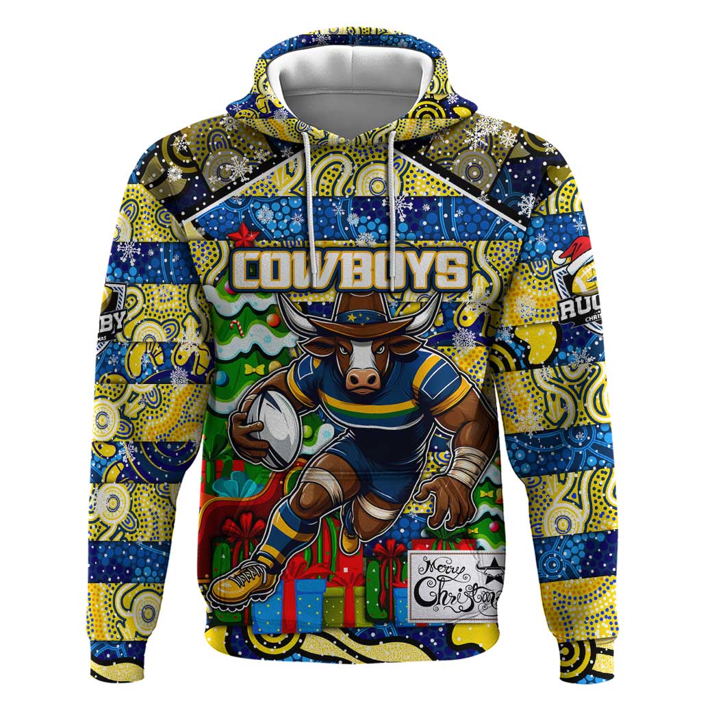Custom Cowboys Rugby Merry Christmas Hoodie Indigenous Australian Art - Vibe Hoodie Shop