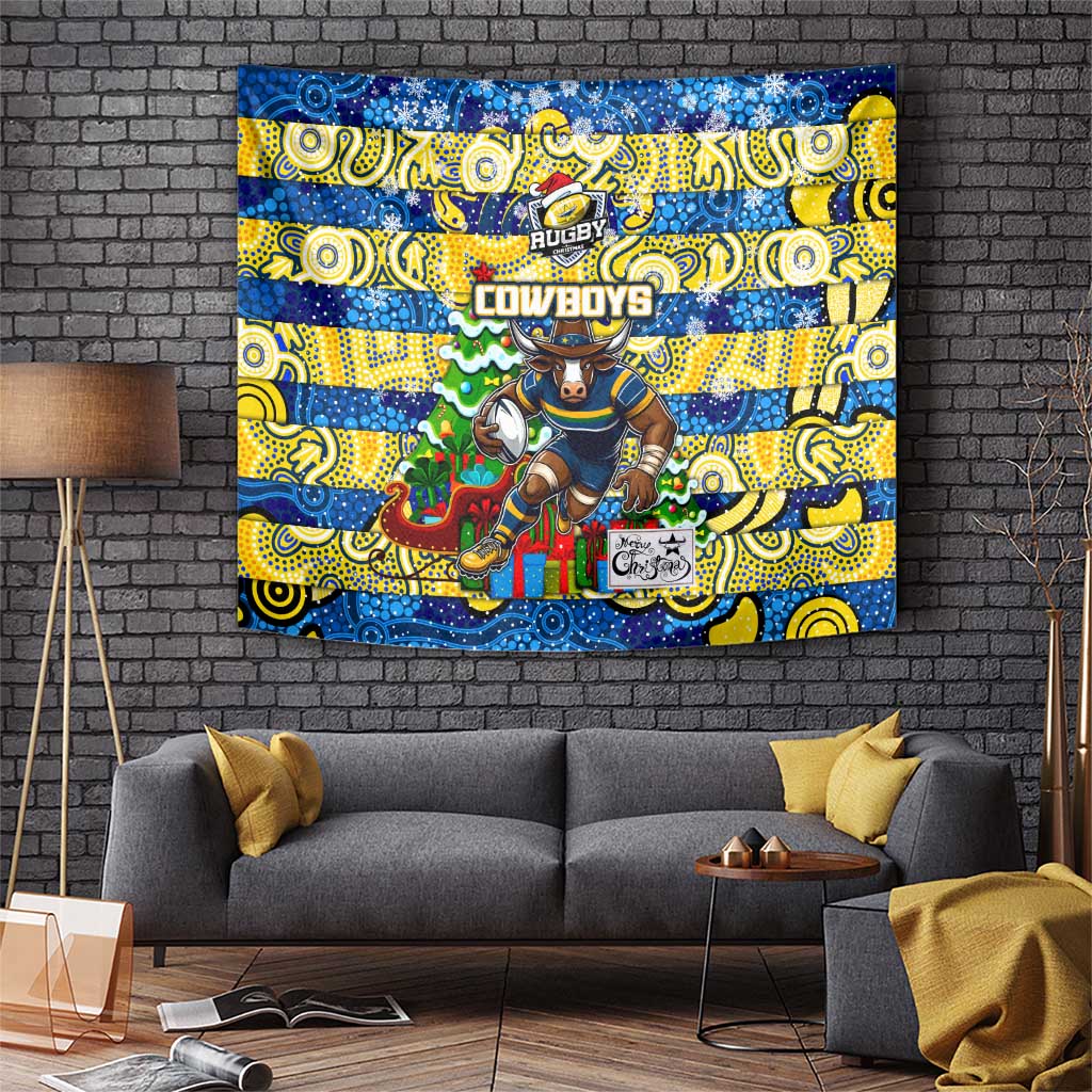 Cowboys Rugby Merry Christmas Tapestry Indigenous Australian Art - Vibe Hoodie Shop