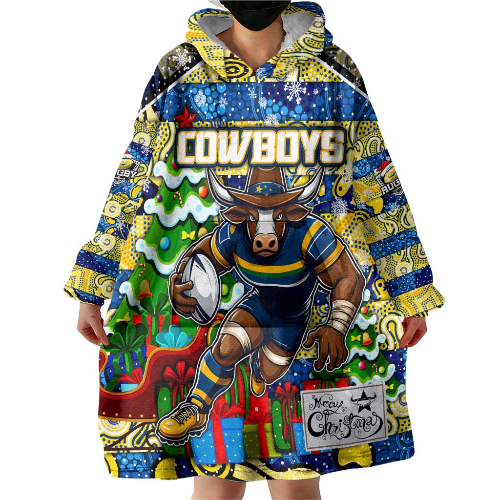 Custom Cowboys Rugby Merry Christmas Wearable Blanket Hoodie Indigenous Australian Art - Vibe Hoodie Shop