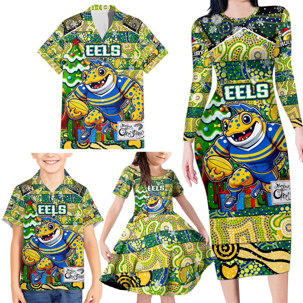 Custom Eels Rugby Merry Christmas Family Matching Long Sleeve Bodycon Dress and Hawaiian Shirt Indigenous Australian Art