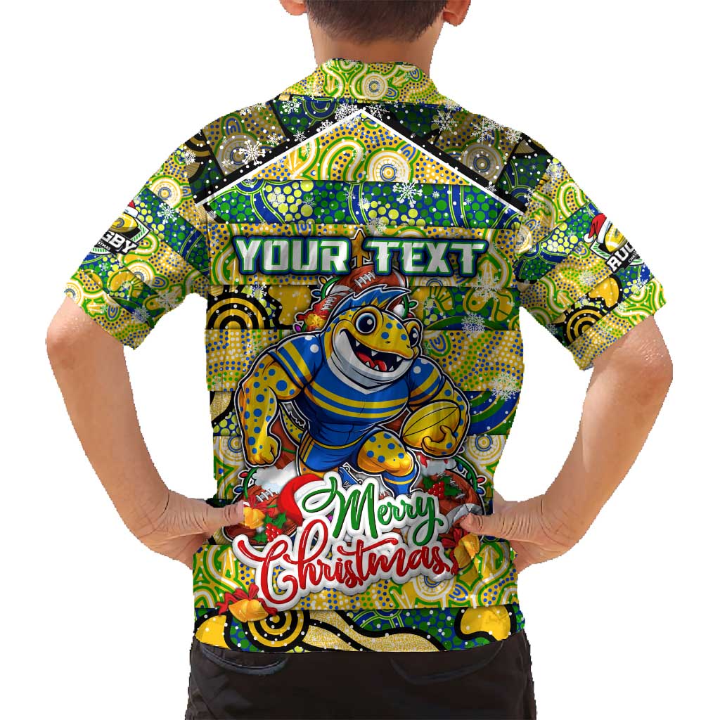 Custom Eels Rugby Merry Christmas Family Matching Long Sleeve Bodycon Dress and Hawaiian Shirt Indigenous Australian Art
