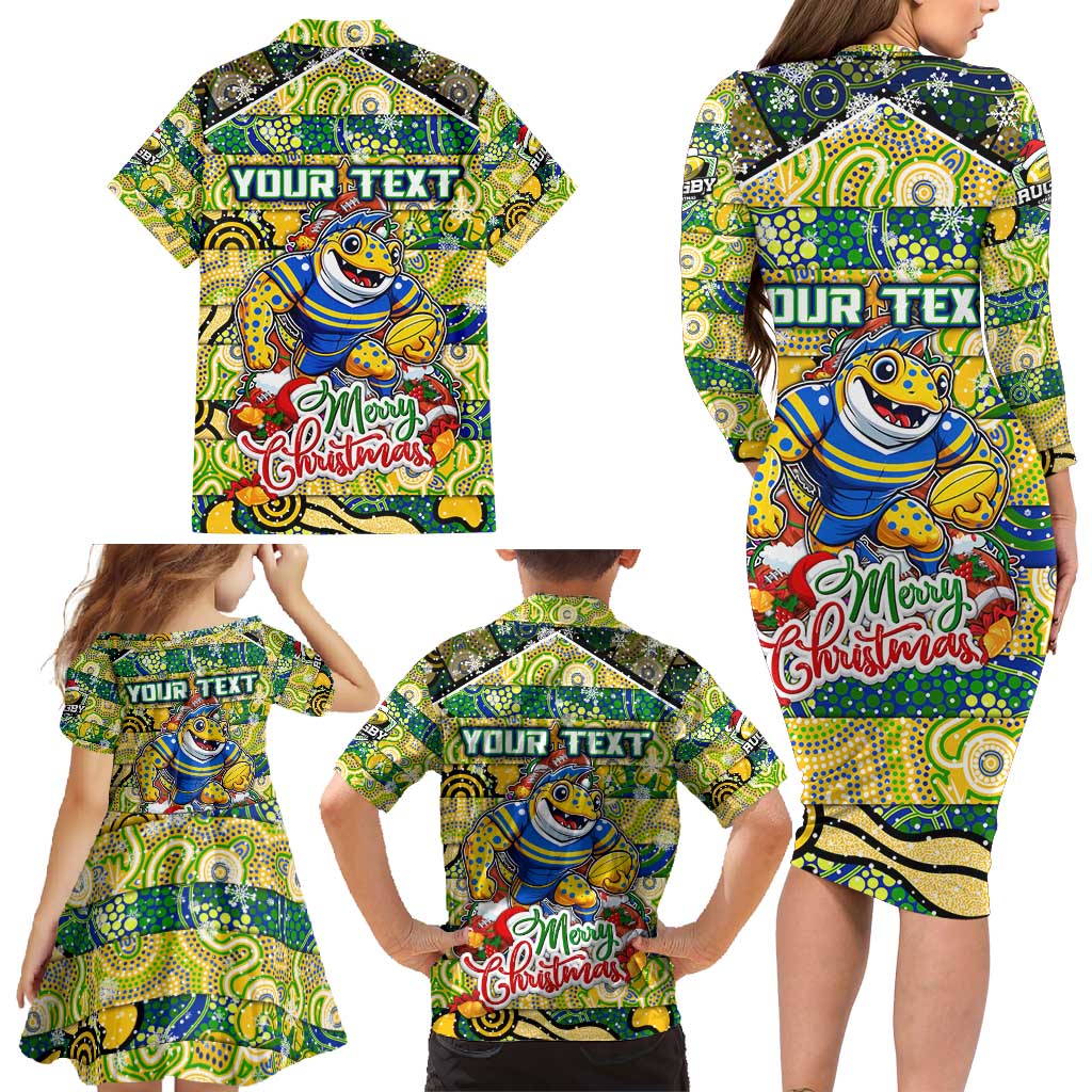 Custom Eels Rugby Merry Christmas Family Matching Long Sleeve Bodycon Dress and Hawaiian Shirt Indigenous Australian Art