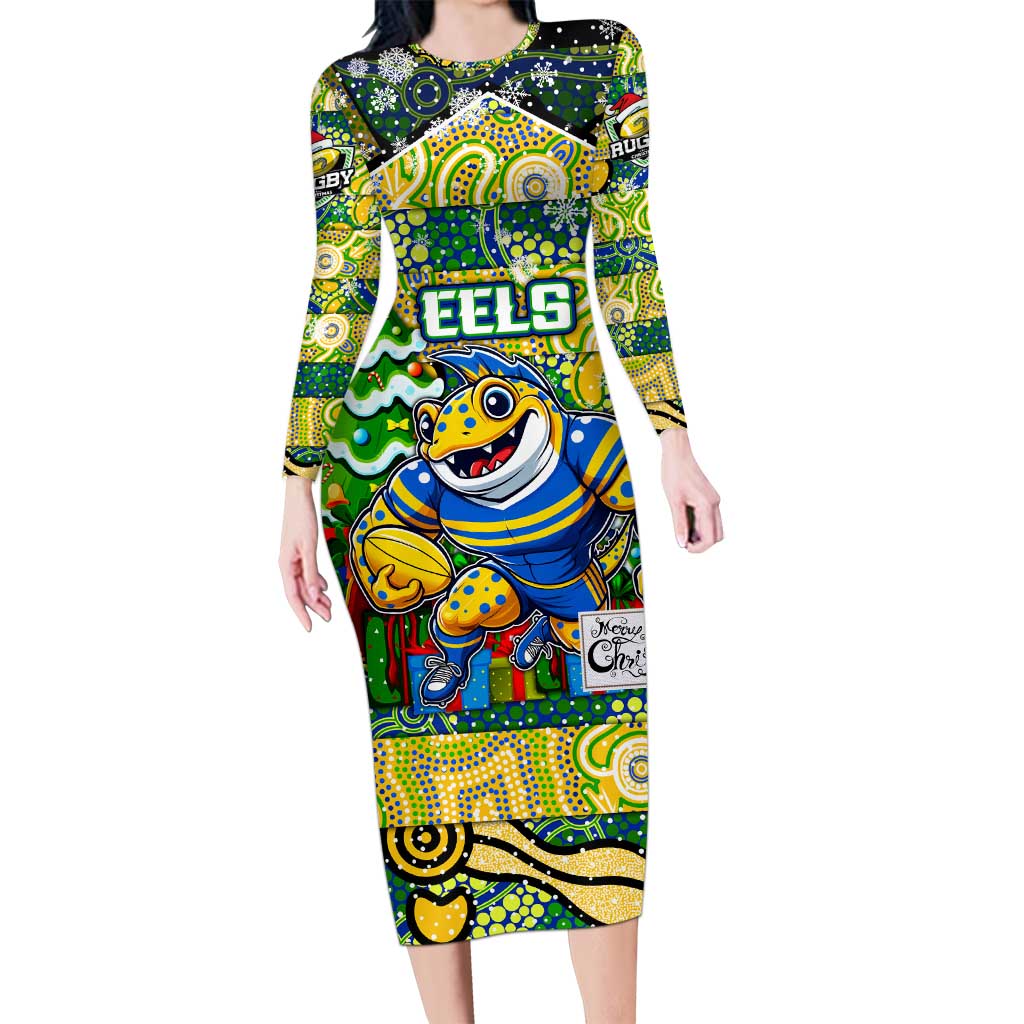 Custom Eels Rugby Merry Christmas Family Matching Long Sleeve Bodycon Dress and Hawaiian Shirt Indigenous Australian Art