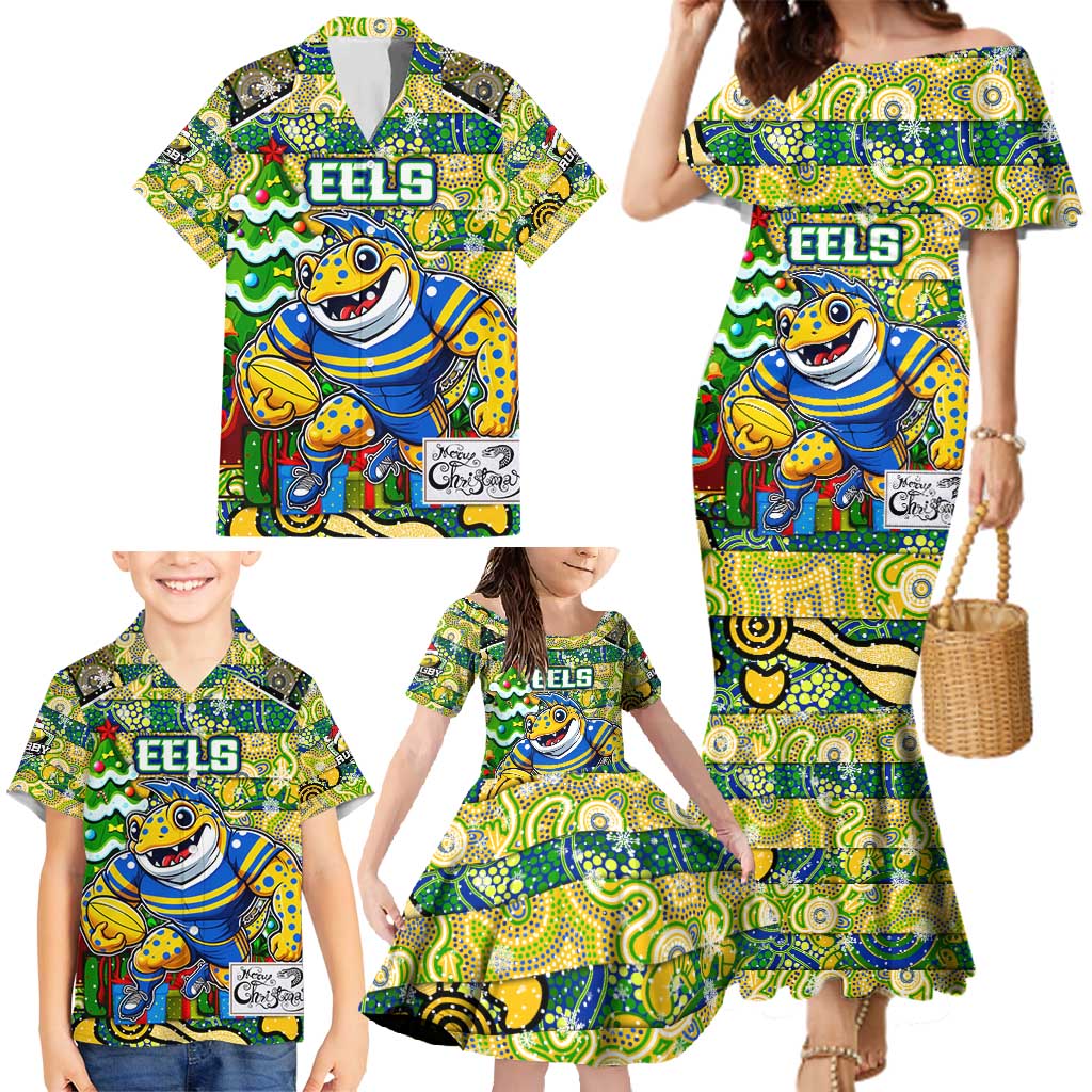 Custom Eels Rugby Merry Christmas Family Matching Mermaid Dress and Hawaiian Shirt Indigenous Australian Art