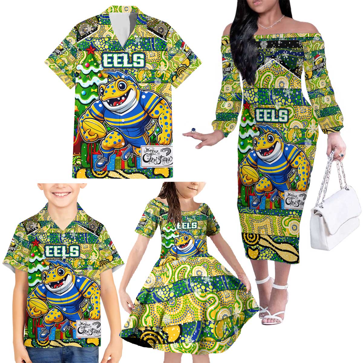 Custom Eels Rugby Merry Christmas Family Matching Off The Shoulder Long Sleeve Dress and Hawaiian Shirt Indigenous Australian Art