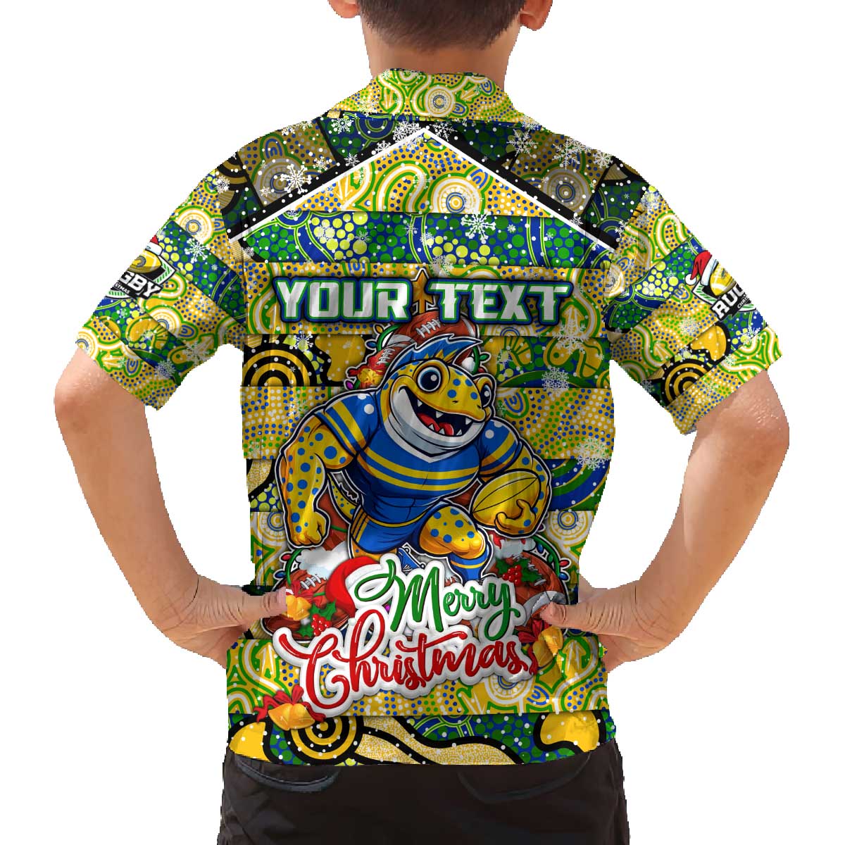 Custom Eels Rugby Merry Christmas Family Matching Off The Shoulder Long Sleeve Dress and Hawaiian Shirt Indigenous Australian Art