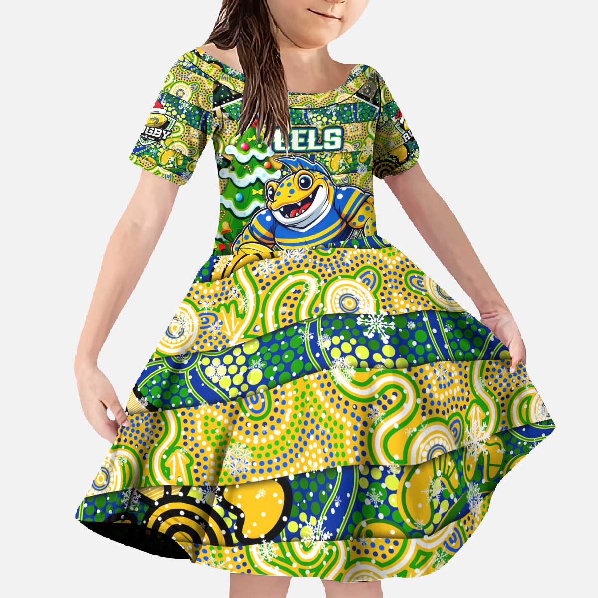 Custom Eels Rugby Merry Christmas Family Matching Off The Shoulder Long Sleeve Dress and Hawaiian Shirt Indigenous Australian Art