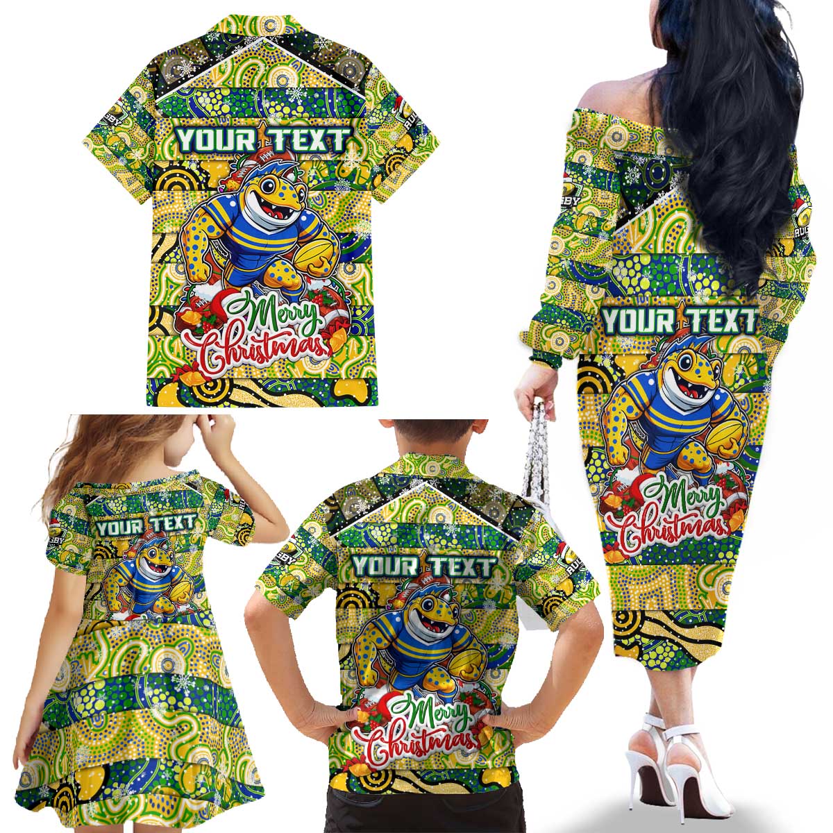 Custom Eels Rugby Merry Christmas Family Matching Off The Shoulder Long Sleeve Dress and Hawaiian Shirt Indigenous Australian Art