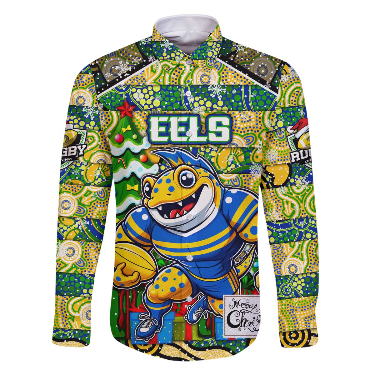 Custom Eels Rugby Merry Christmas Family Matching Off The Shoulder Long Sleeve Dress and Hawaiian Shirt Indigenous Australian Art