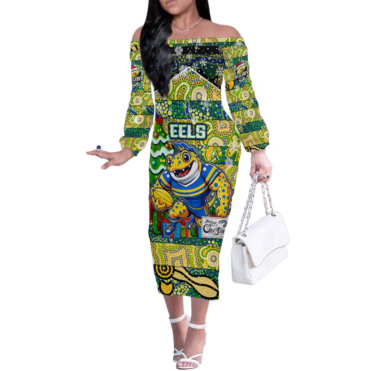 Custom Eels Rugby Merry Christmas Family Matching Off The Shoulder Long Sleeve Dress and Hawaiian Shirt Indigenous Australian Art