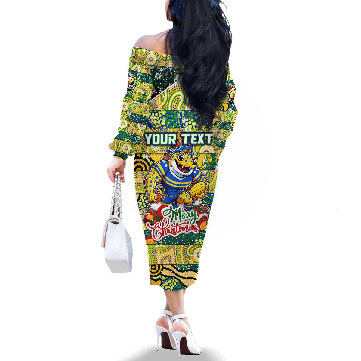 Custom Eels Rugby Merry Christmas Family Matching Off The Shoulder Long Sleeve Dress and Hawaiian Shirt Indigenous Australian Art