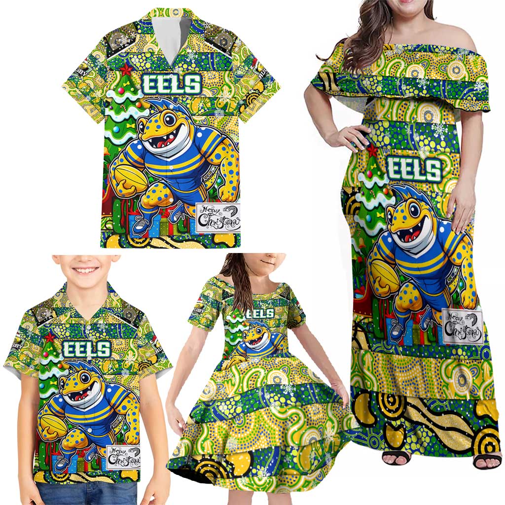 Custom Eels Rugby Merry Christmas Family Matching Off Shoulder Maxi Dress and Hawaiian Shirt Indigenous Australian Art
