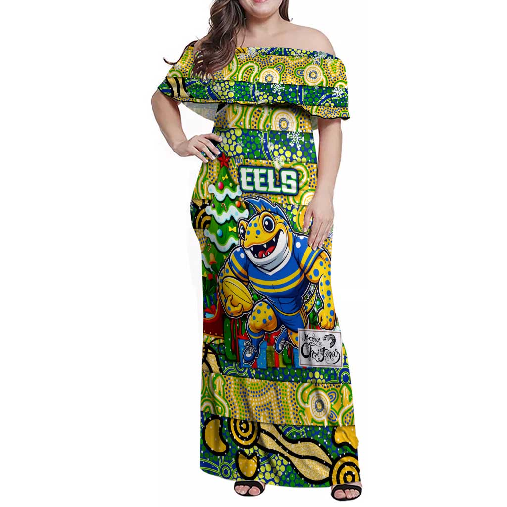 Custom Eels Rugby Merry Christmas Family Matching Off Shoulder Maxi Dress and Hawaiian Shirt Indigenous Australian Art