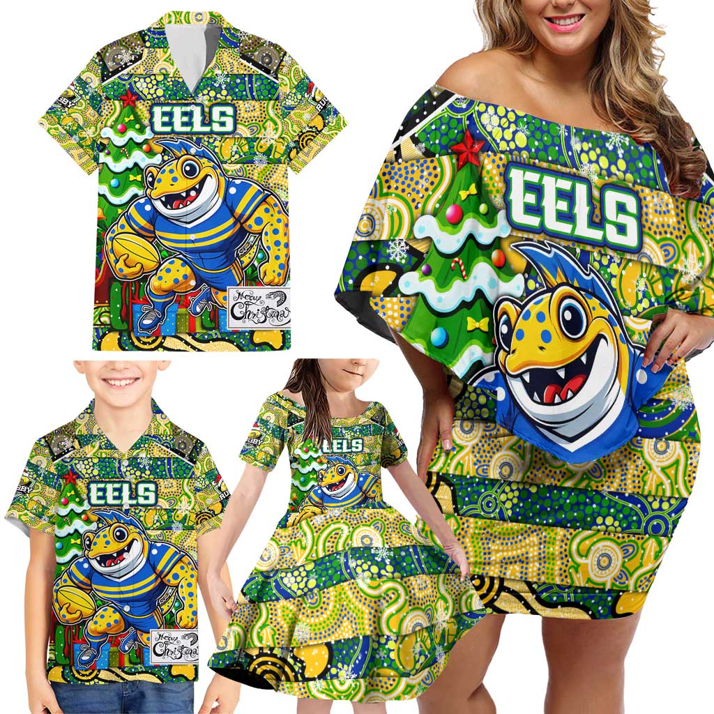 Custom Eels Rugby Merry Christmas Family Matching Off Shoulder Short Dress and Hawaiian Shirt Indigenous Australian Art