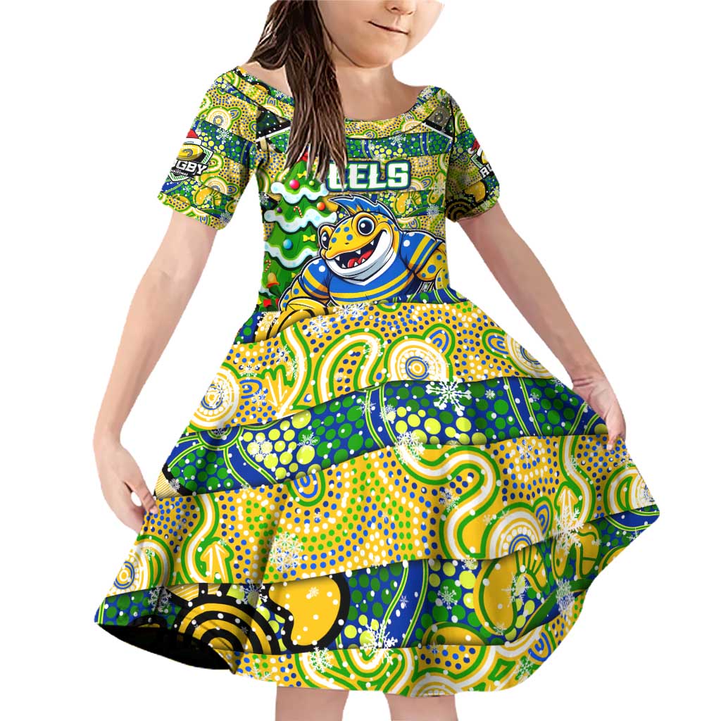 Custom Eels Rugby Merry Christmas Family Matching Off Shoulder Short Dress and Hawaiian Shirt Indigenous Australian Art
