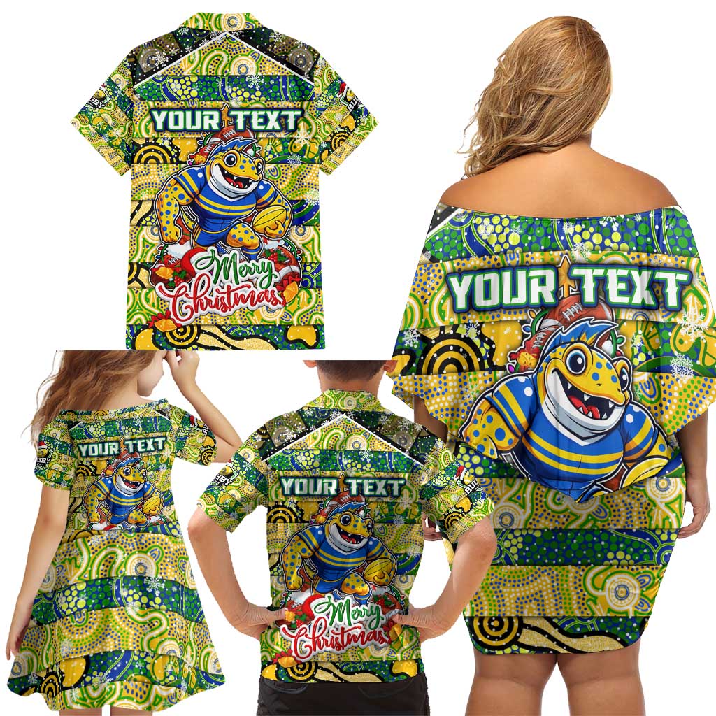 Custom Eels Rugby Merry Christmas Family Matching Off Shoulder Short Dress and Hawaiian Shirt Indigenous Australian Art
