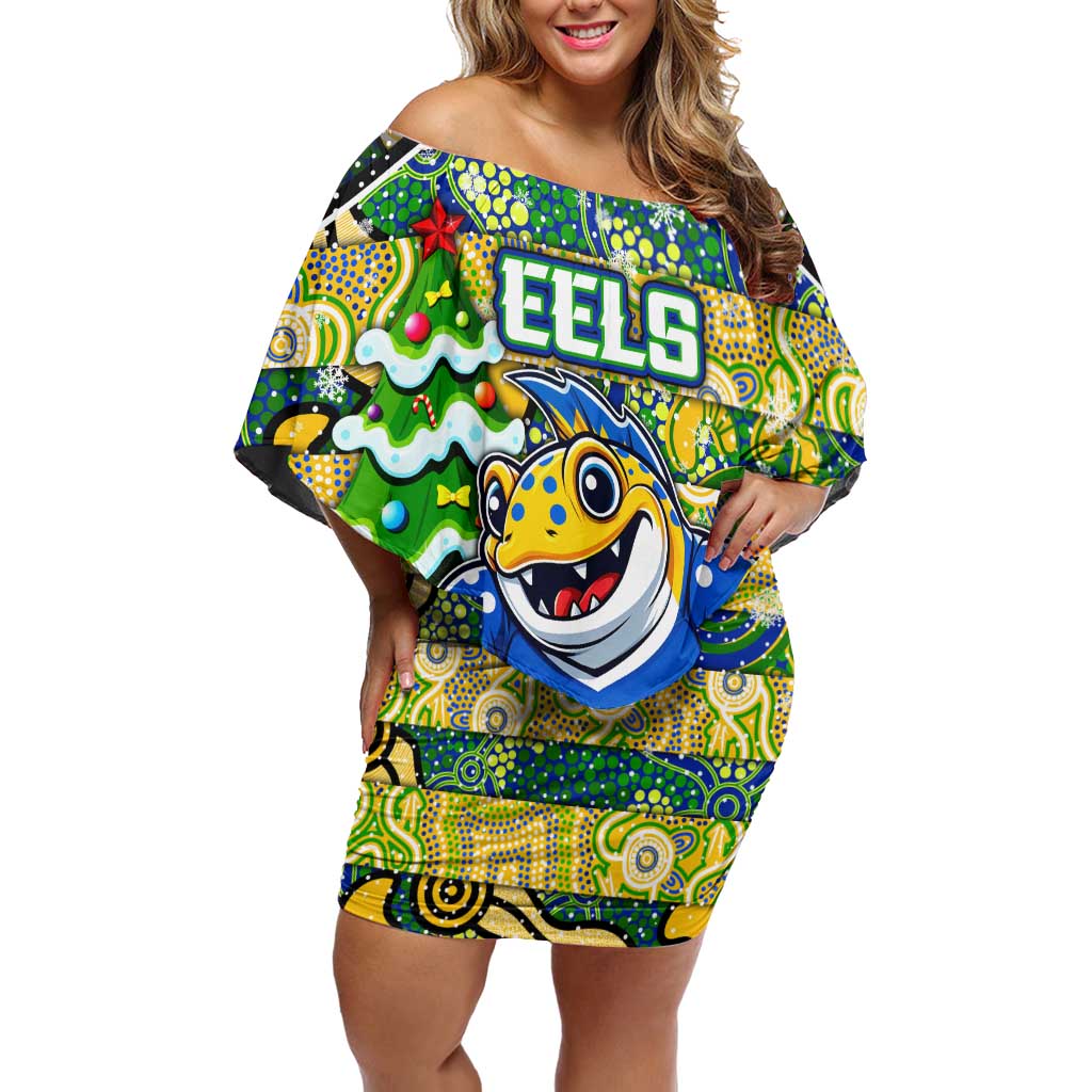 Custom Eels Rugby Merry Christmas Family Matching Off Shoulder Short Dress and Hawaiian Shirt Indigenous Australian Art