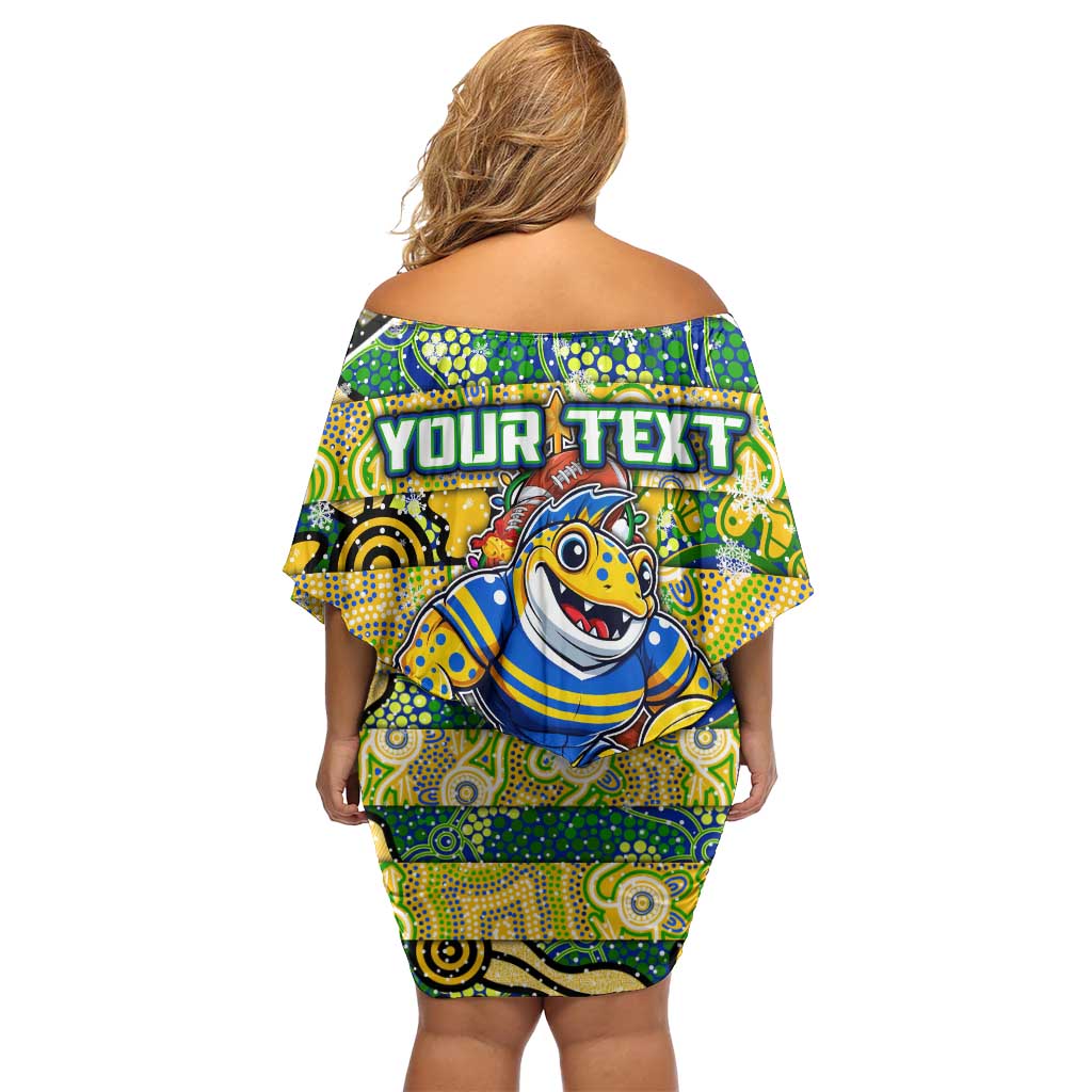 Custom Eels Rugby Merry Christmas Family Matching Off Shoulder Short Dress and Hawaiian Shirt Indigenous Australian Art