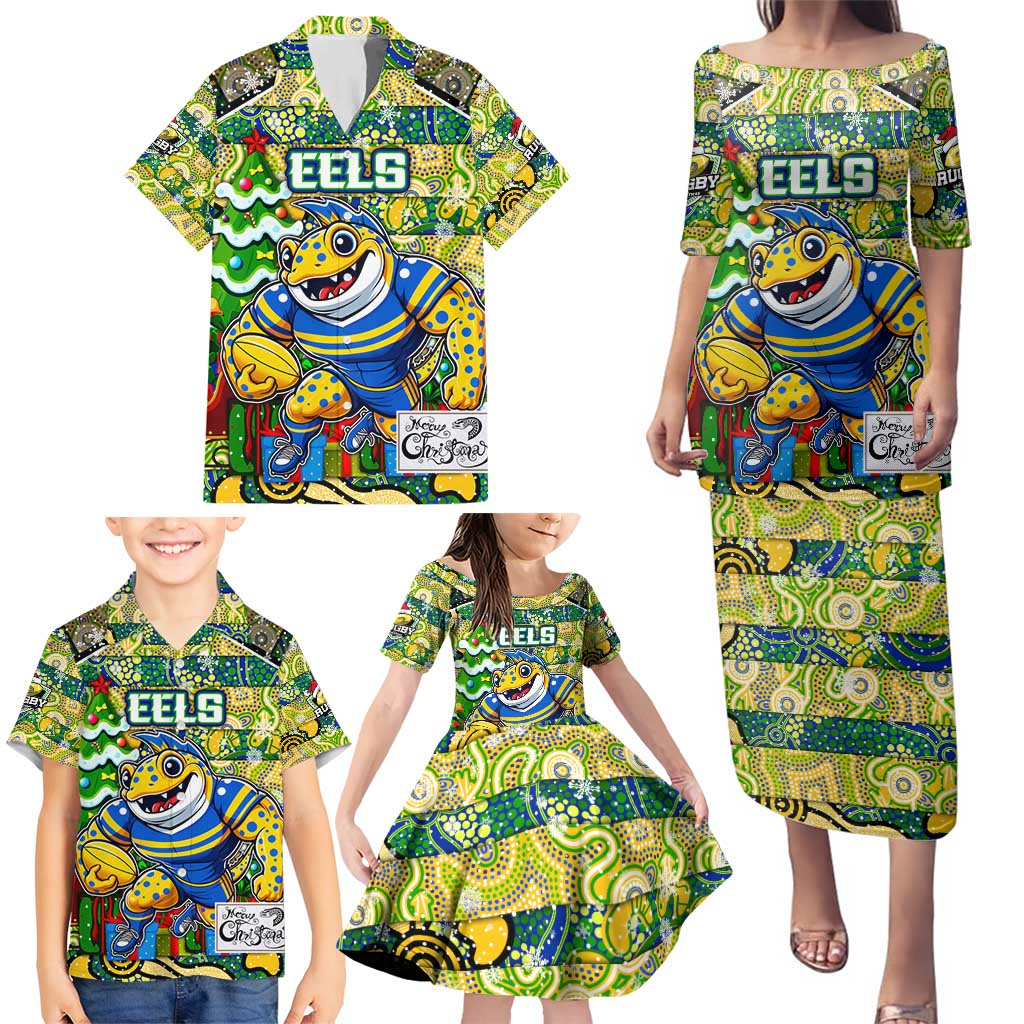 Custom Eels Rugby Merry Christmas Family Matching Puletasi and Hawaiian Shirt Indigenous Australian Art