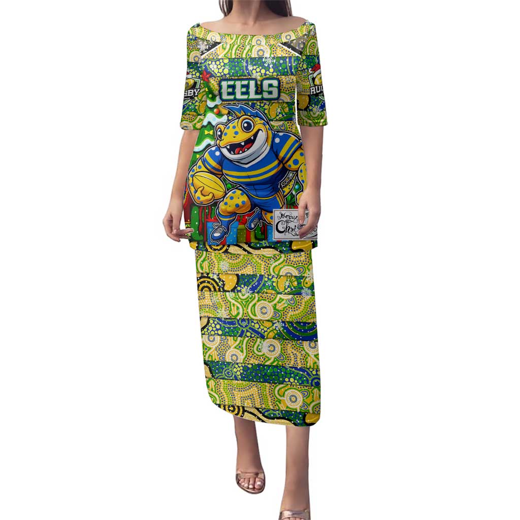 Custom Eels Rugby Merry Christmas Family Matching Puletasi and Hawaiian Shirt Indigenous Australian Art