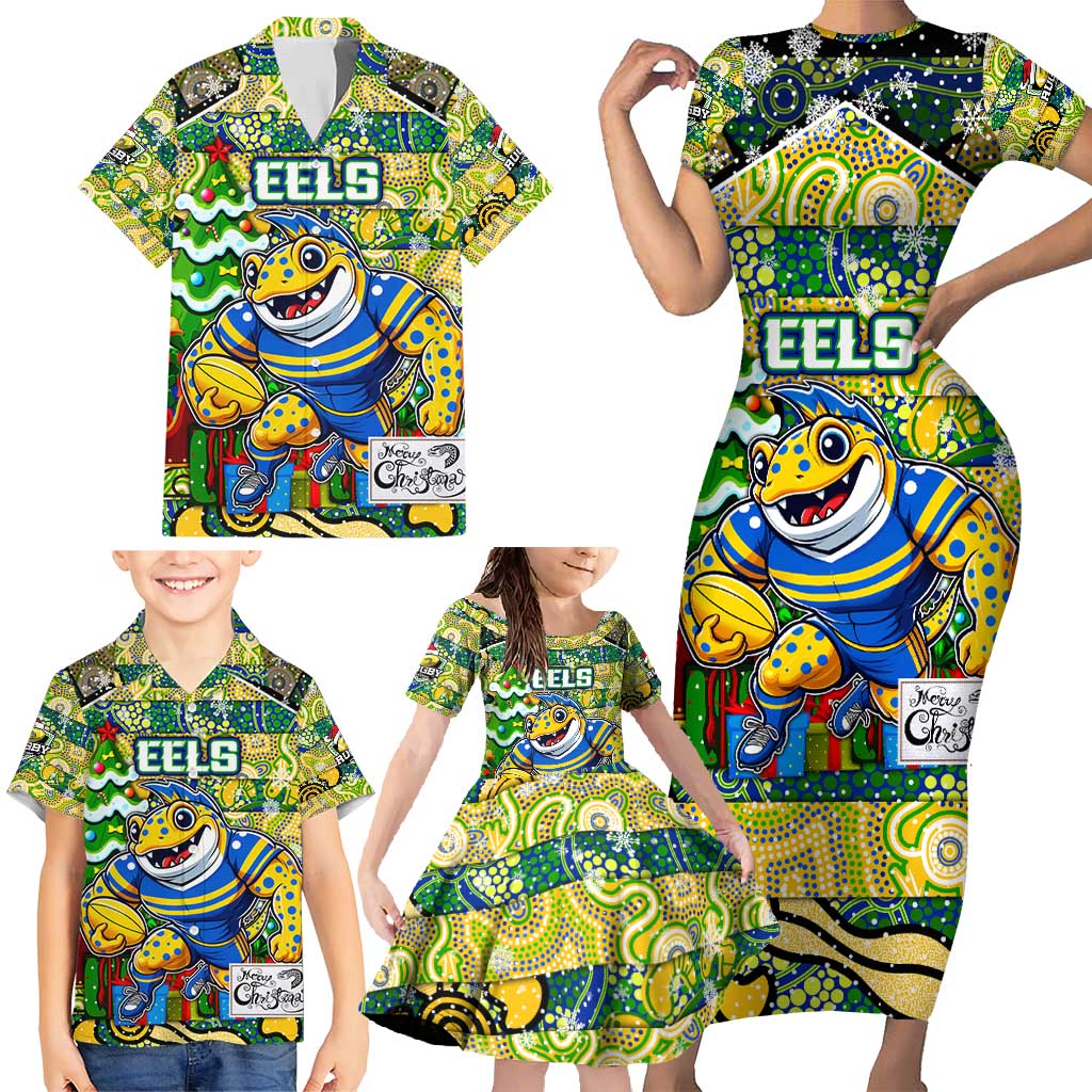 Custom Eels Rugby Merry Christmas Family Matching Short Sleeve Bodycon Dress and Hawaiian Shirt Indigenous Australian Art