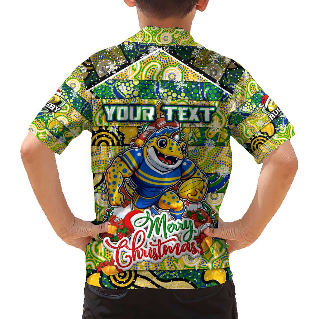 Custom Eels Rugby Merry Christmas Family Matching Short Sleeve Bodycon Dress and Hawaiian Shirt Indigenous Australian Art