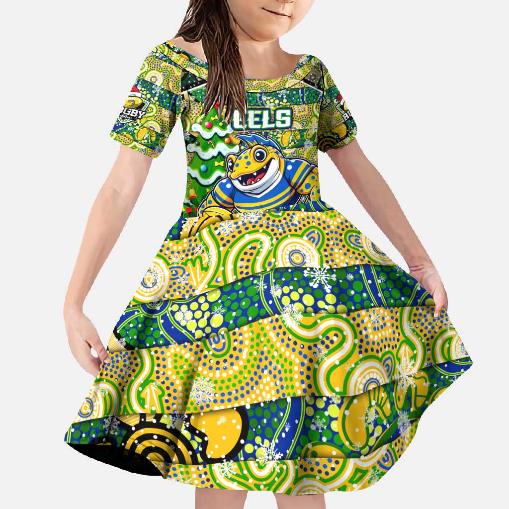 Custom Eels Rugby Merry Christmas Family Matching Short Sleeve Bodycon Dress and Hawaiian Shirt Indigenous Australian Art