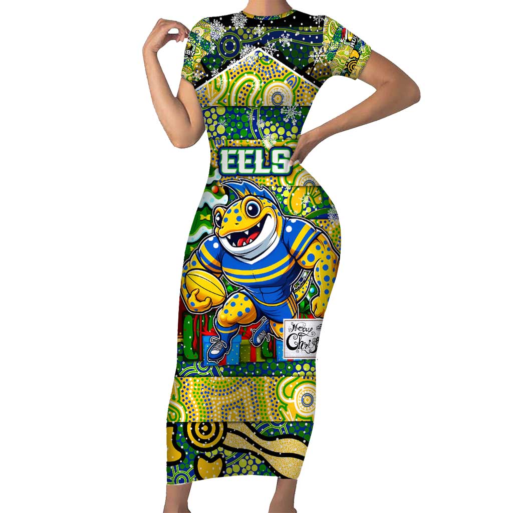 Custom Eels Rugby Merry Christmas Family Matching Short Sleeve Bodycon Dress and Hawaiian Shirt Indigenous Australian Art