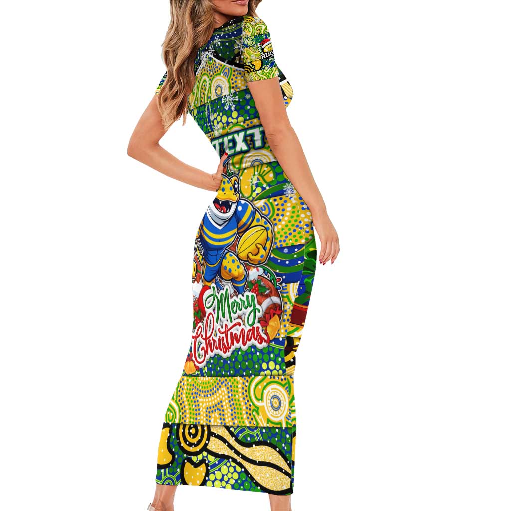 Custom Eels Rugby Merry Christmas Family Matching Short Sleeve Bodycon Dress and Hawaiian Shirt Indigenous Australian Art