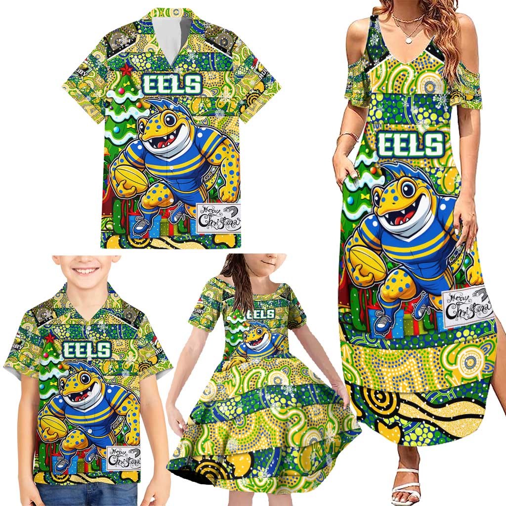 Custom Eels Rugby Merry Christmas Family Matching Summer Maxi Dress and Hawaiian Shirt Indigenous Australian Art