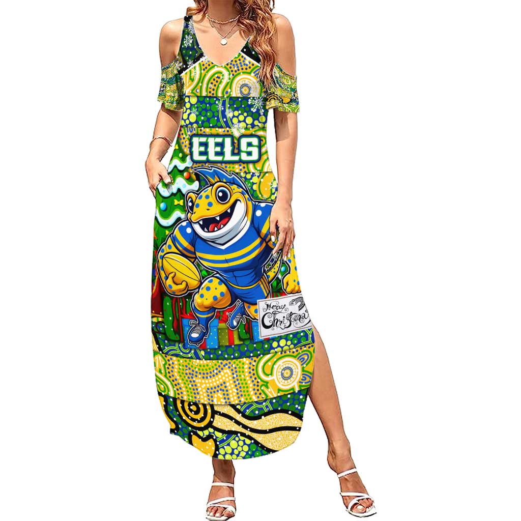 Custom Eels Rugby Merry Christmas Family Matching Summer Maxi Dress and Hawaiian Shirt Indigenous Australian Art