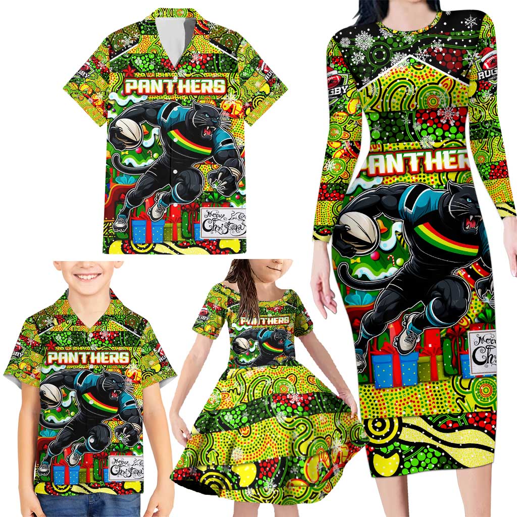 Custom Panthers Rugby Merry Christmas Family Matching Long Sleeve Bodycon Dress and Hawaiian Shirt Indigenous Australian Art