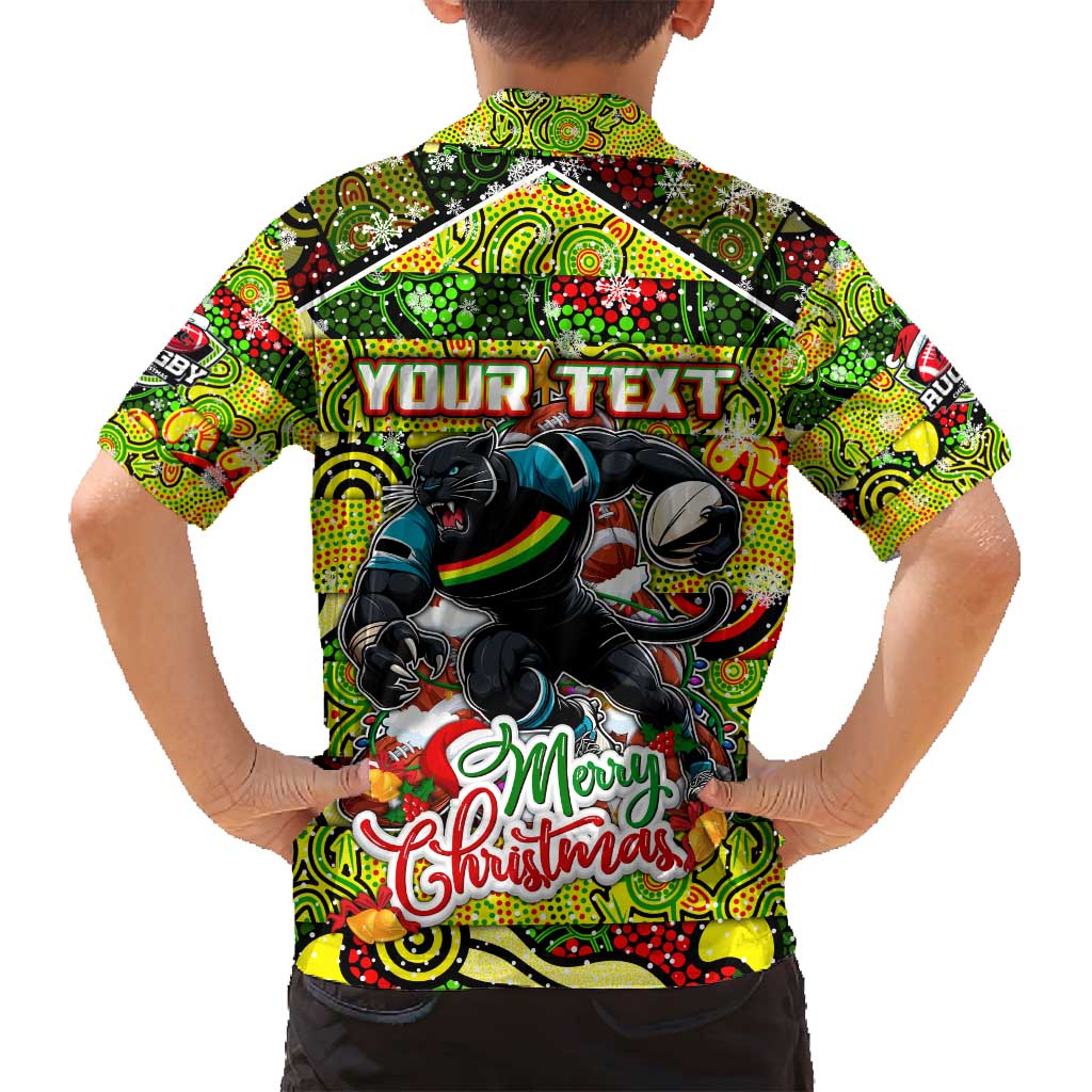 Custom Panthers Rugby Merry Christmas Family Matching Long Sleeve Bodycon Dress and Hawaiian Shirt Indigenous Australian Art