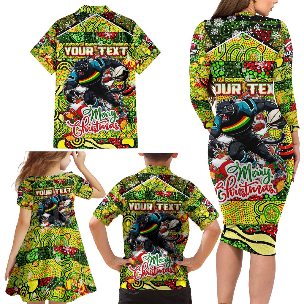 Custom Panthers Rugby Merry Christmas Family Matching Long Sleeve Bodycon Dress and Hawaiian Shirt Indigenous Australian Art