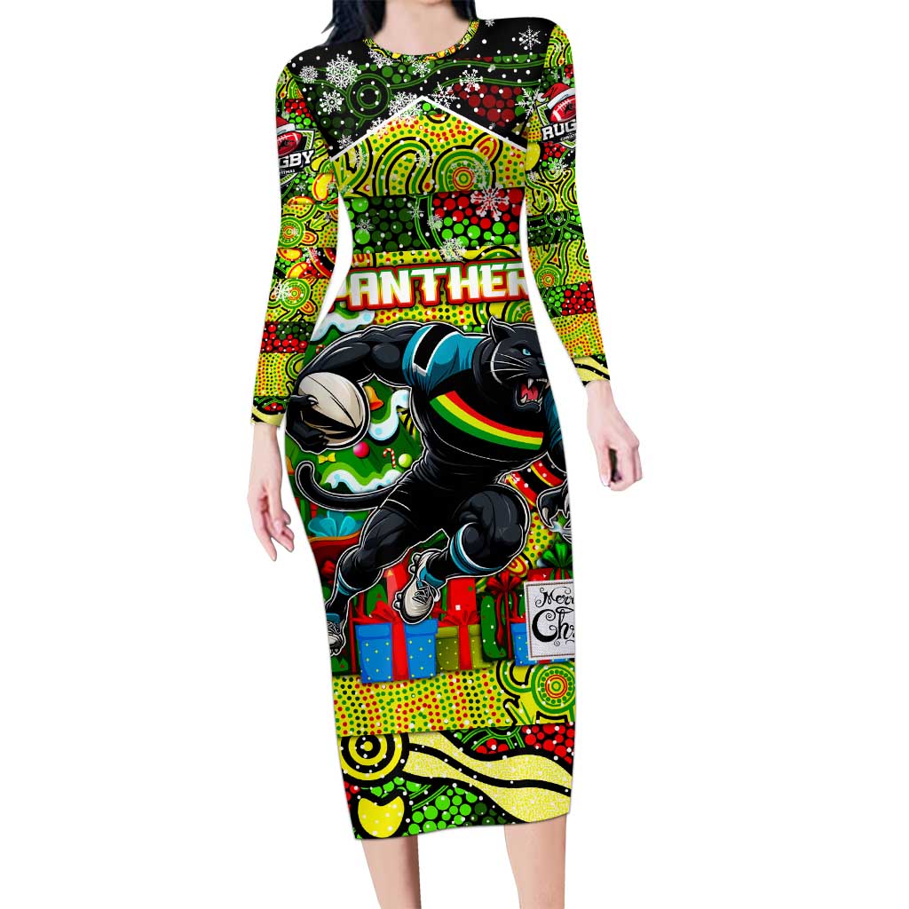 Custom Panthers Rugby Merry Christmas Family Matching Long Sleeve Bodycon Dress and Hawaiian Shirt Indigenous Australian Art
