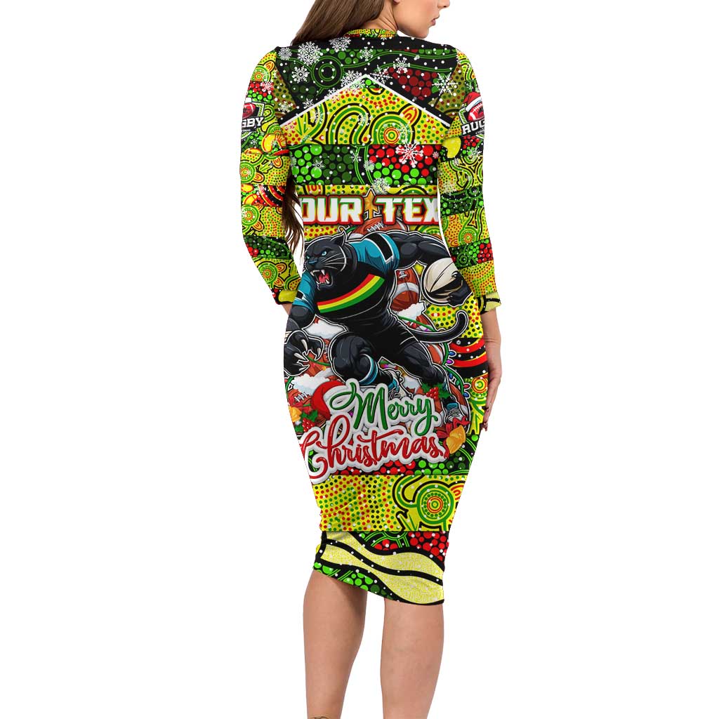 Custom Panthers Rugby Merry Christmas Family Matching Long Sleeve Bodycon Dress and Hawaiian Shirt Indigenous Australian Art