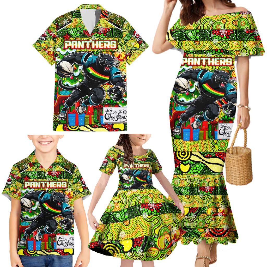 Custom Panthers Rugby Merry Christmas Family Matching Mermaid Dress and Hawaiian Shirt Indigenous Australian Art