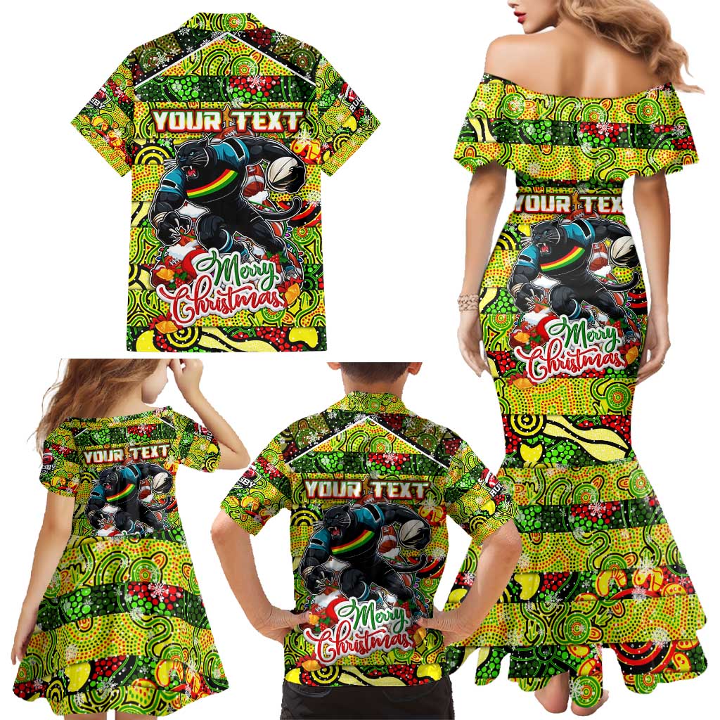Custom Panthers Rugby Merry Christmas Family Matching Mermaid Dress and Hawaiian Shirt Indigenous Australian Art