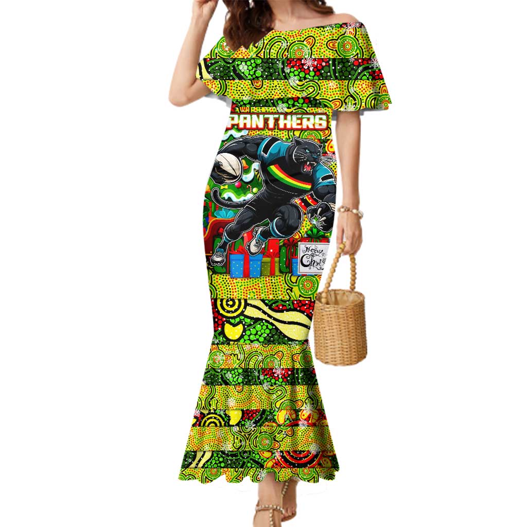 Custom Panthers Rugby Merry Christmas Family Matching Mermaid Dress and Hawaiian Shirt Indigenous Australian Art