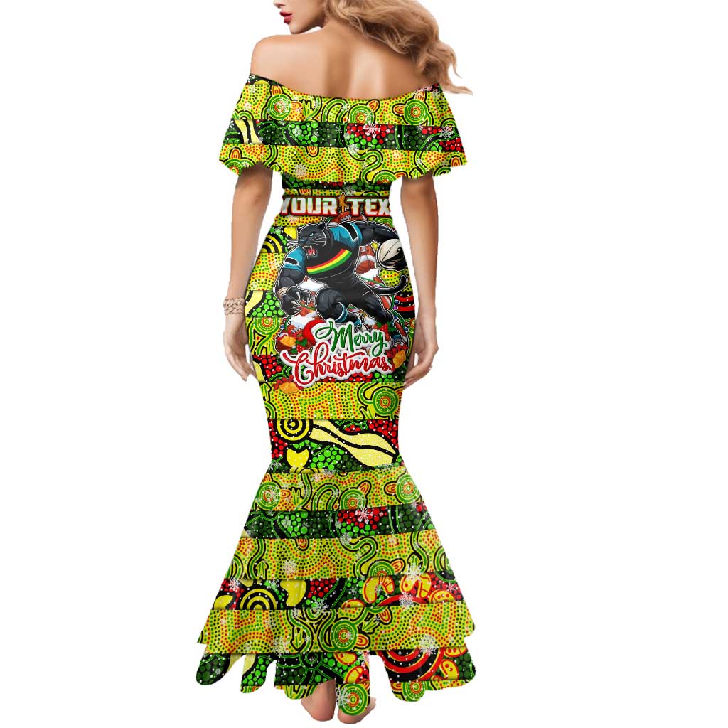 Custom Panthers Rugby Merry Christmas Family Matching Mermaid Dress and Hawaiian Shirt Indigenous Australian Art