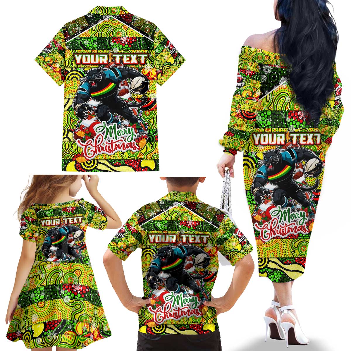 Custom Panthers Rugby Merry Christmas Family Matching Off The Shoulder Long Sleeve Dress and Hawaiian Shirt Indigenous Australian Art