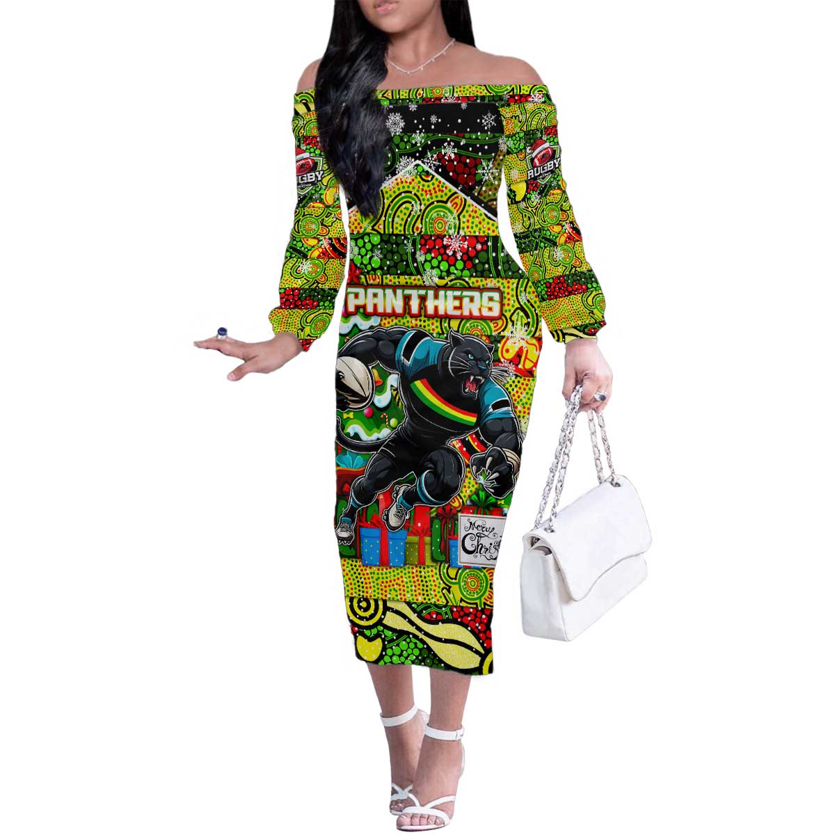 Custom Panthers Rugby Merry Christmas Family Matching Off The Shoulder Long Sleeve Dress and Hawaiian Shirt Indigenous Australian Art