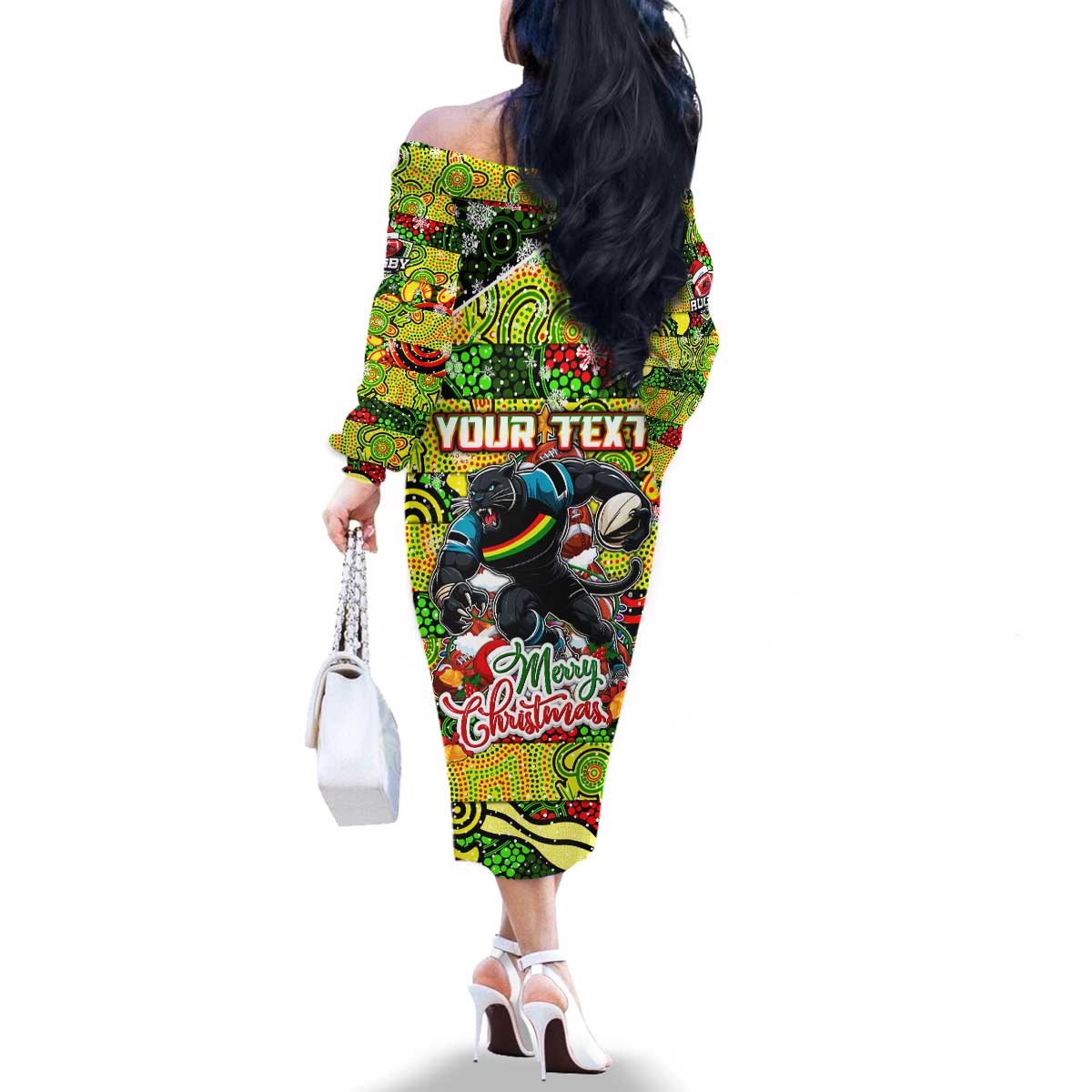 Custom Panthers Rugby Merry Christmas Family Matching Off The Shoulder Long Sleeve Dress and Hawaiian Shirt Indigenous Australian Art