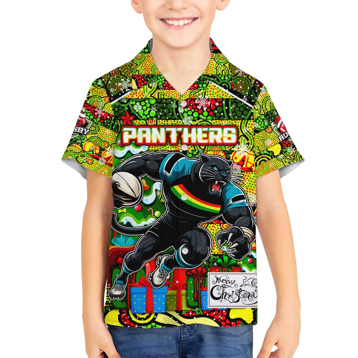 Custom Panthers Rugby Merry Christmas Family Matching Off The Shoulder Long Sleeve Dress and Hawaiian Shirt Indigenous Australian Art
