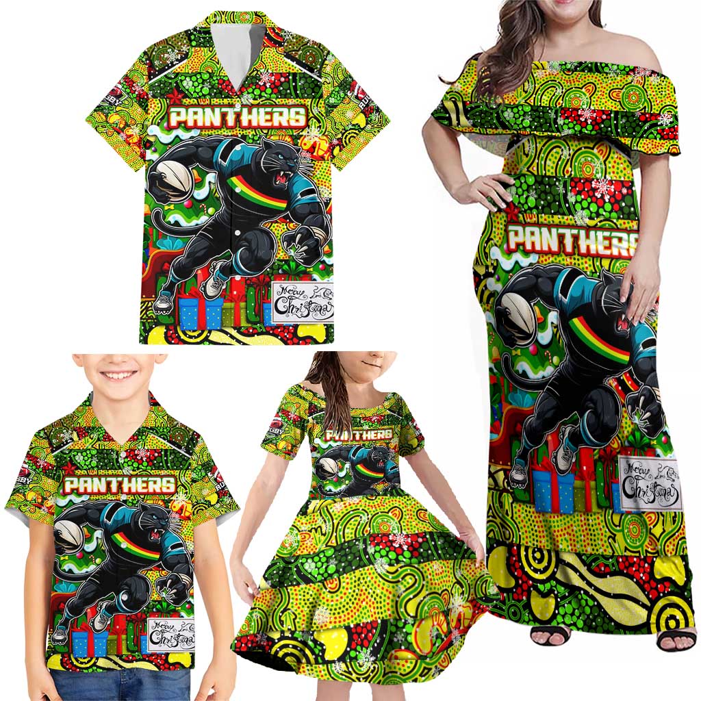 Custom Panthers Rugby Merry Christmas Family Matching Off Shoulder Maxi Dress and Hawaiian Shirt Indigenous Australian Art